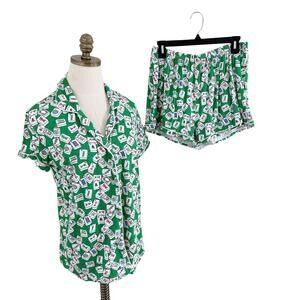 Toss Designs	Green/White Mahjong Print Pajama Set Size M Button Up Elastic Waist